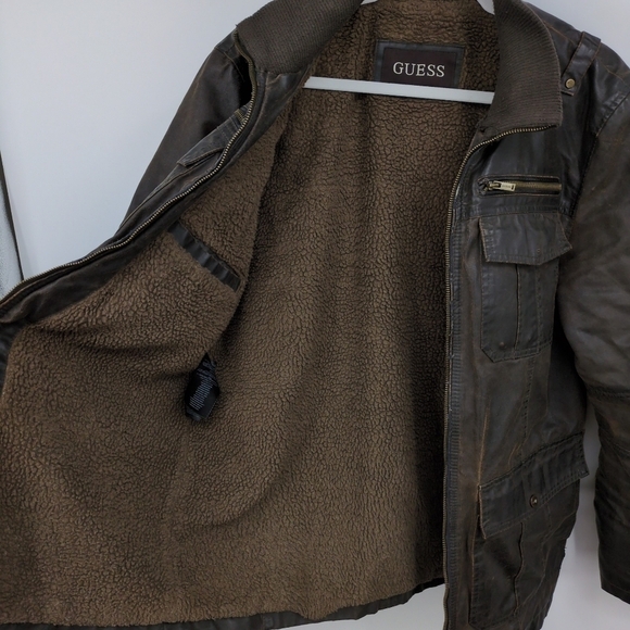 Guess Faux Leather Men's Medium Bomber Jacket Sherpa Lined Field Cargo Military‎ - Picture 3 of 14